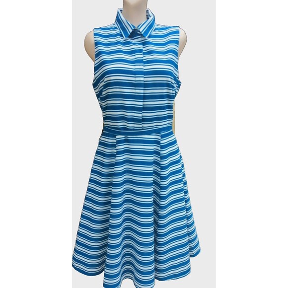 Banana Republic Dresses & Skirts - Banana Republic Fit & Flare Blue Striped Belted Sleeveless Summer Dress Size 4